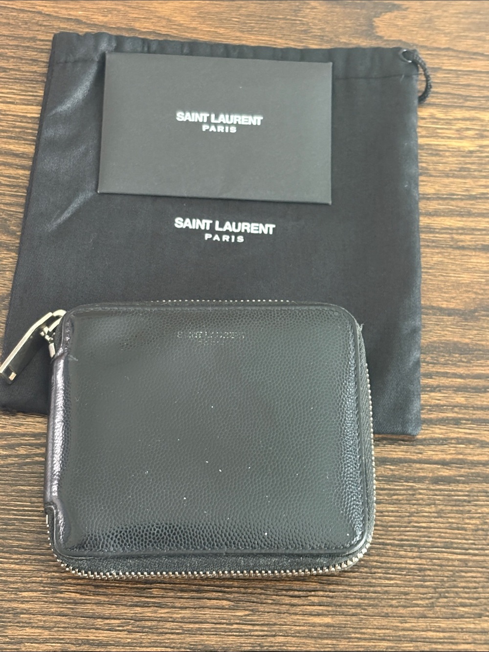 Yves Saint Laurent Black Leather Compact Zip Around Wallet Unisex w/ Dusty Bag
